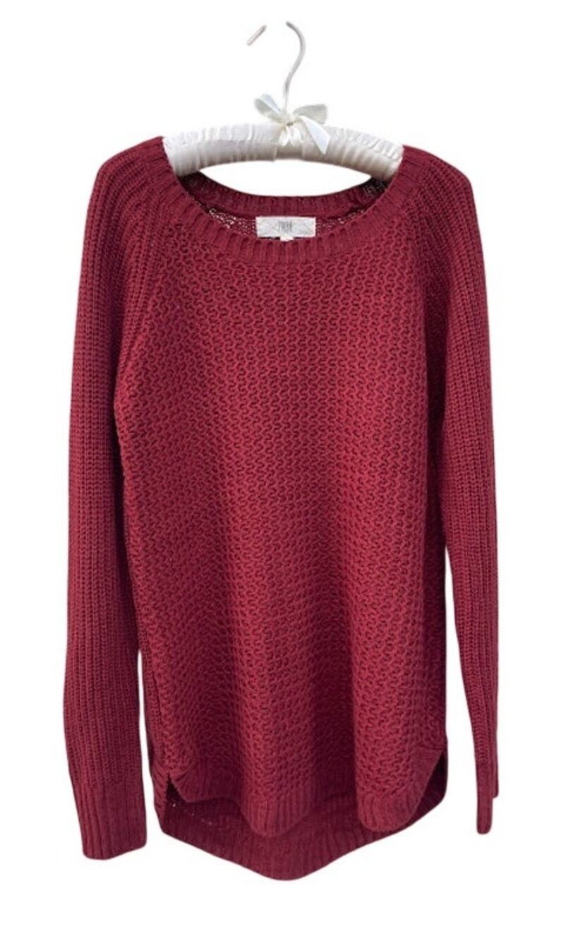 Pinque Burnt Orange Textured Knit Curved High-Low Hem Pullover Sweater